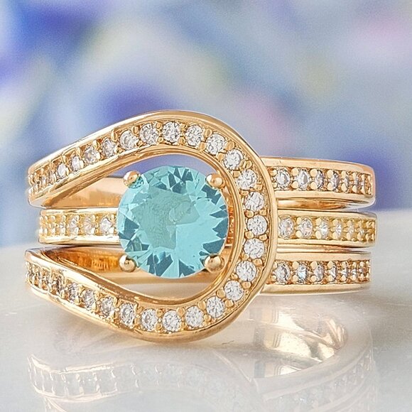 Aquamarine Blue & Teal  Gold Ring Set, 925 Sterling Silver finished in 10k gold - Picture 1 of 7